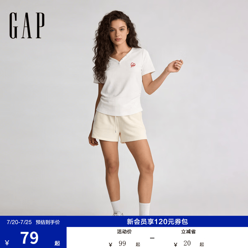 盖璞Gap女装2026春季新款纯棉logo刺绣V领爱心捏褶短袖上衣858936 白色 M (165/88A)亚洲尺码