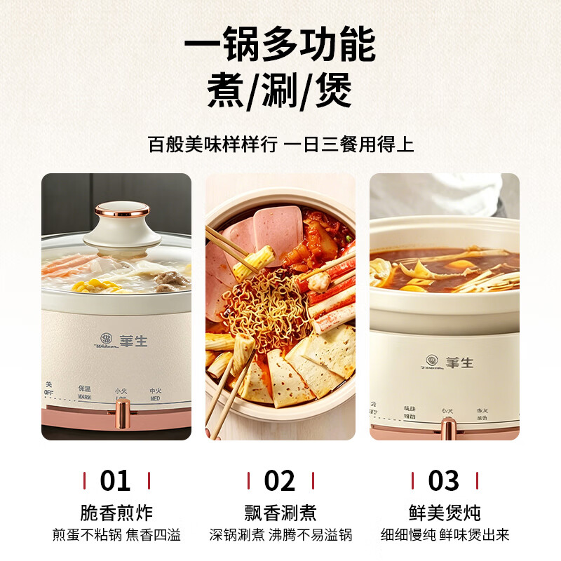 华生(Wahson)电火锅分体式可拆洗家用大容量火锅专用锅电煮锅电炒锅多功能不粘锅宿舍小电锅不锈钢电热锅 4L 【DRG-13-A10L杏色-煮涮煎炒】