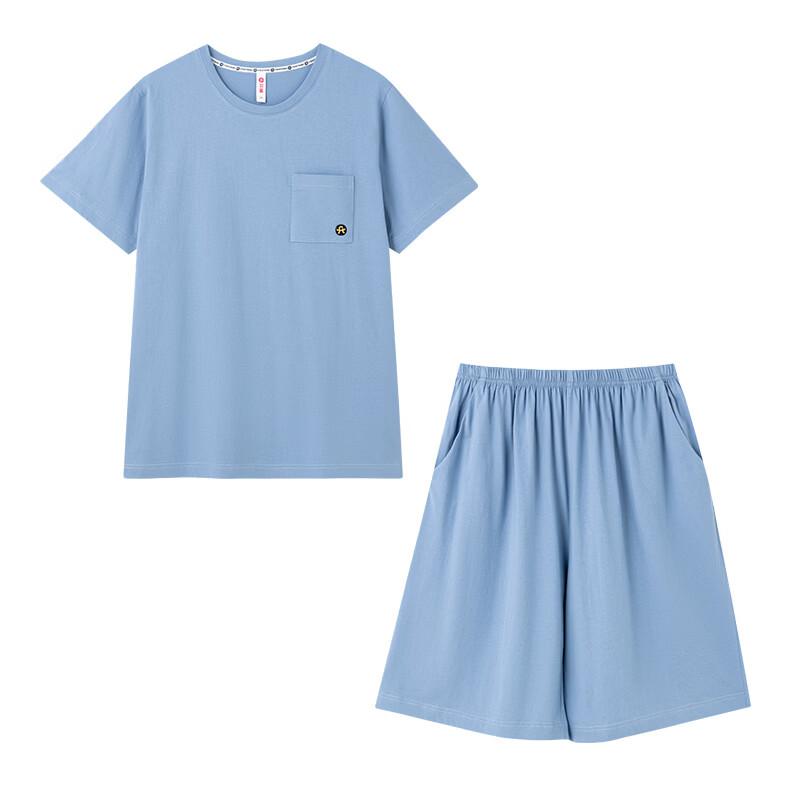 芬腾【7A抑菌】100%纯棉睡衣女2026新款士圆领短袖短裤家居服女套装 灰兰 男款 2XL