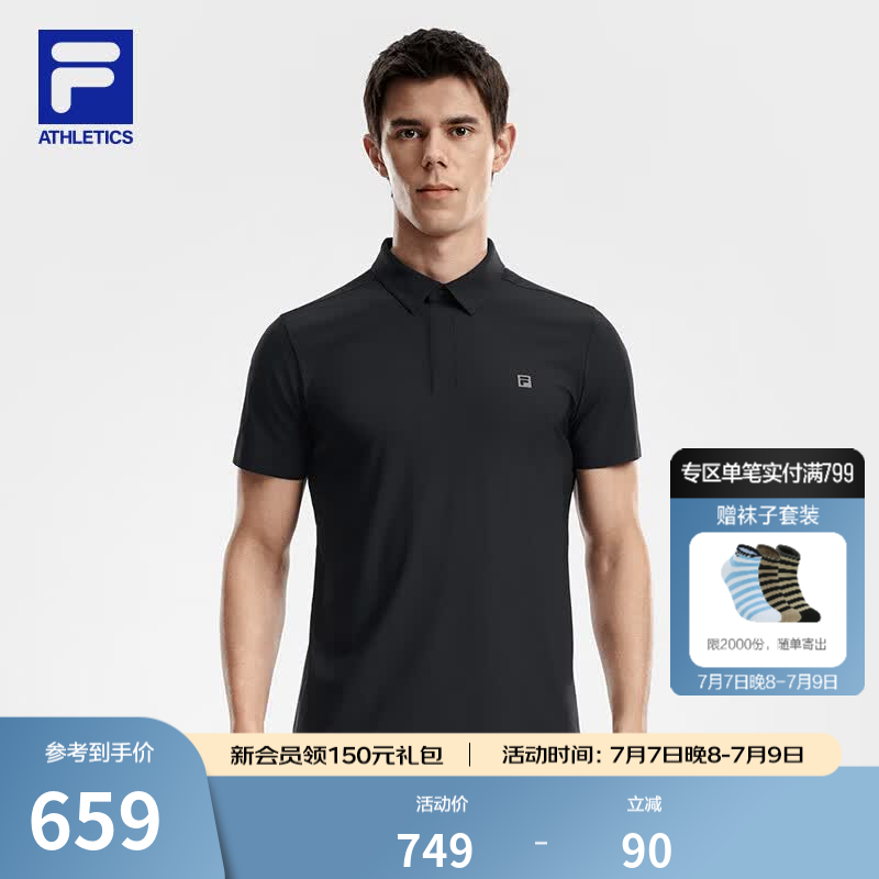 FILA 斐乐官方男子针织短袖POLO衫2026夏季新款健身运动防晒上衣 深黑-BK XL 180/100A/XL