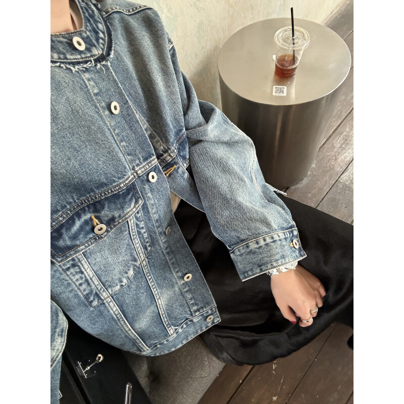 LE ALFASHIONLINE【断码清仓】廓形牛仔外套女秋装春季新款宽松显瘦圆领水洗牛仔衣 蓝色 现货 S