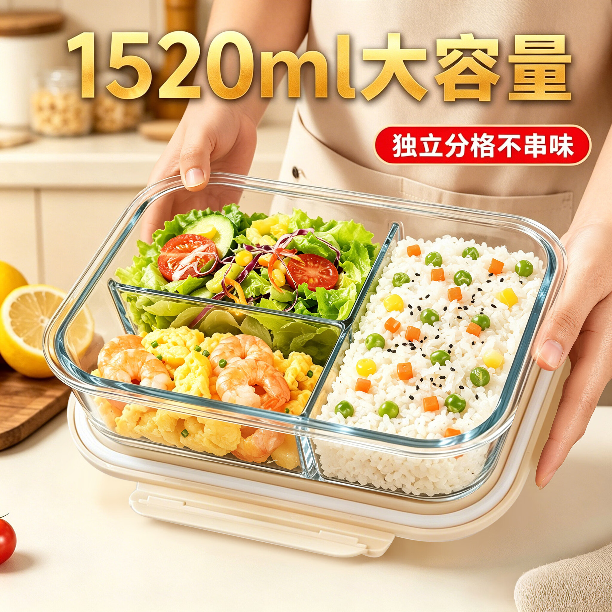 欣美雅（xinmeiya）分格饭盒上班族带饭餐盒微波炉专用碗玻璃超大饭盒大容量便当盒子 【三件套】奶白特大长3隔+保温包+餐具
