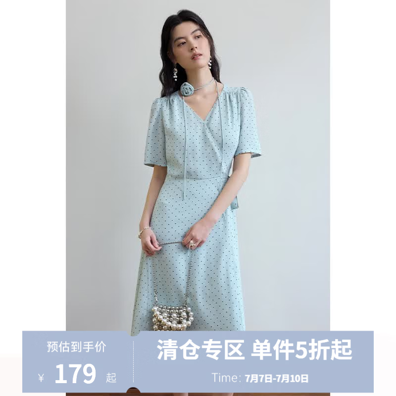 独束大码女装法式V领复古波点连衣裙夏季新款微胖mm灵动百搭女裙 远天蓝 M (尺码：1)