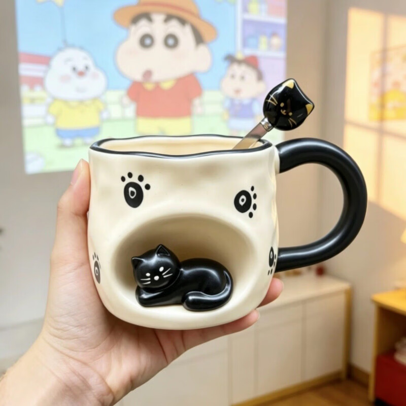 儿童水杯马克杯可爱卡通陶瓷高颜值家用女生生日礼物伴手礼品情侣 黄色猫窝杯-杯+猫勺 (卡通礼盒装)