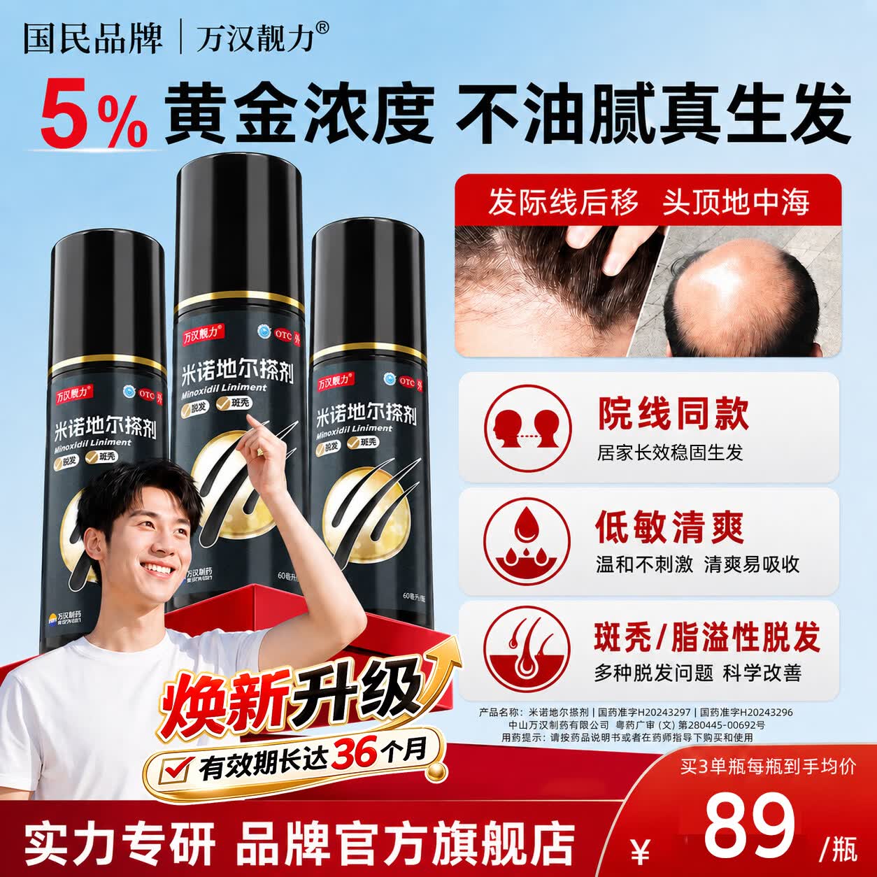 [万汉靓力]米诺地尔搽剂 5%*60ml 3盒装 5%浓度男女专治严重脱发斑秃拯救发际线生发液育发 京东折扣/优惠券