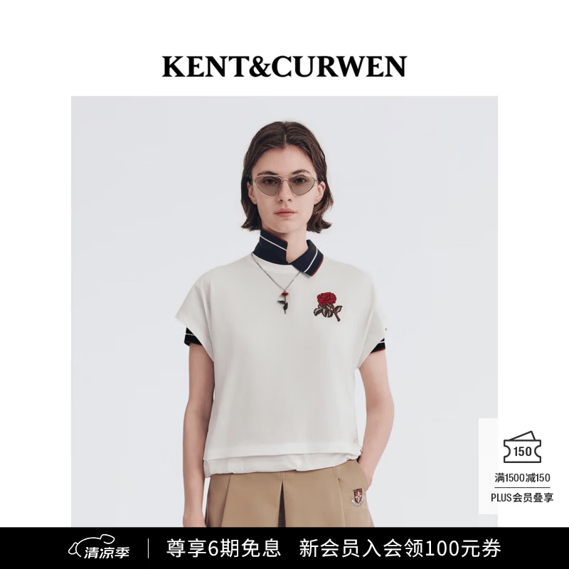 KENT&amp;CURWEN肯迪文2026春夏新品玫瑰系列女士刺绣纯棉短袖T恤 白色40 M 165/86A