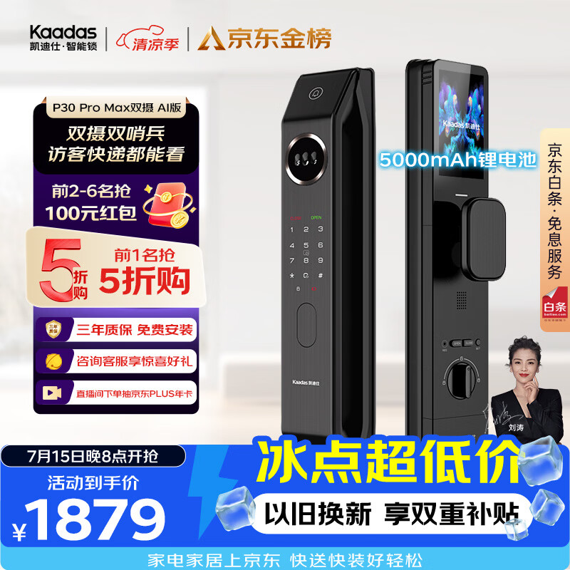 凯迪仕（KAADAS）智能门锁 双摄人脸识别可视猫眼大屏指纹锁 P30 Pro Max双摄AI版