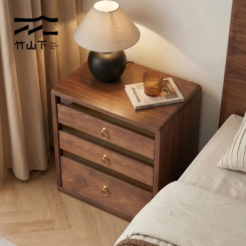 竹山下床头柜家用卧室实木收纳柜床边小柜子中古风小型斗柜收纳置物柜 免安装-三抽35cm【FAS级进口实木送货上门】