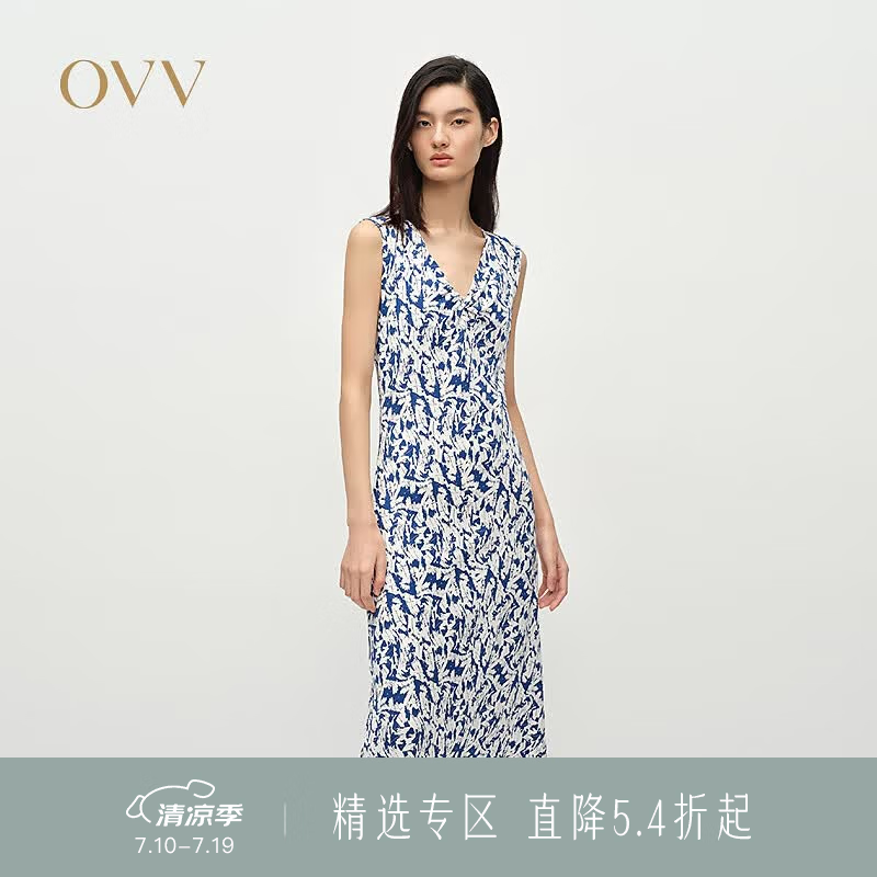 OVV2025春夏新款女装清爽印花扭结设计V领两件套连衣裙 深蓝花纹 L