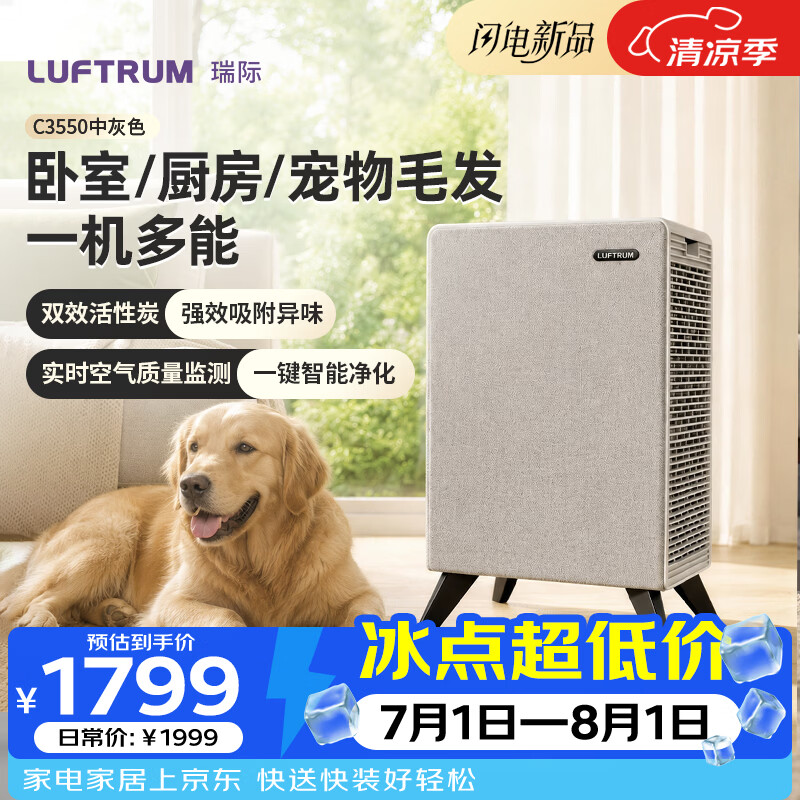 LUFTRUM瑞际空气净化器 除甲醛除霾抗菌净化去异味 家用宠物浮毛吸附 低噪音四重过滤C3550中灰色
