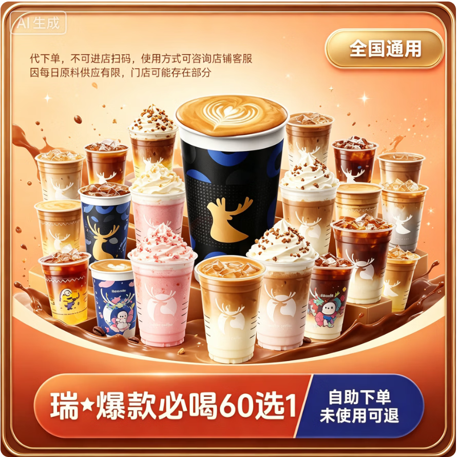 【代下单】瑞幸必喝60选1 小黑杯、深烘拿铁、粒粒大橘冰沙 拿铁 小黑杯