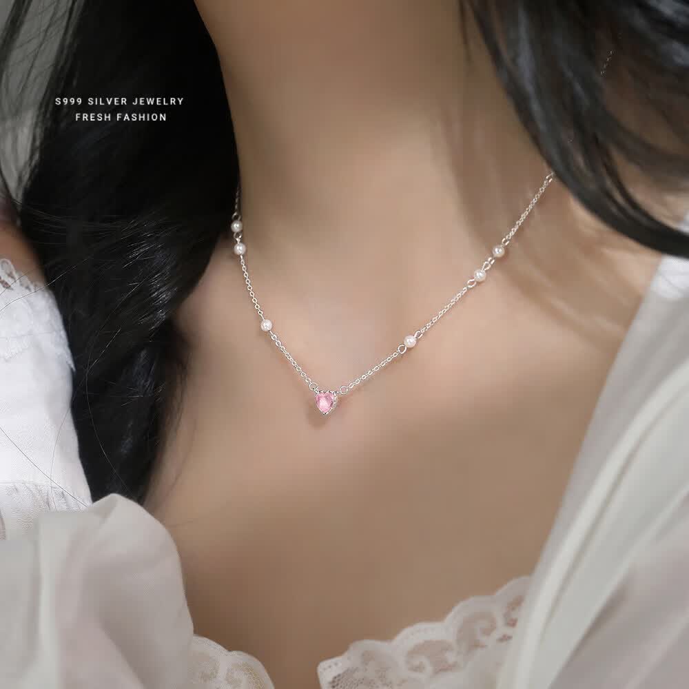 S999足银甜美项链女粉色少女童趣锁骨链小众设计时尚百搭 白金色 足银