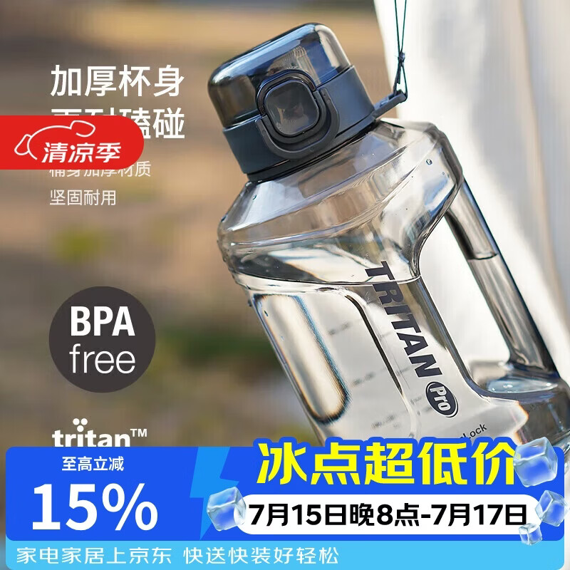乐扣乐扣（LOCK&LOCK）小水库大容量塑料运动水杯户外冷水壶刻度把手男女杯子2.2L灰色