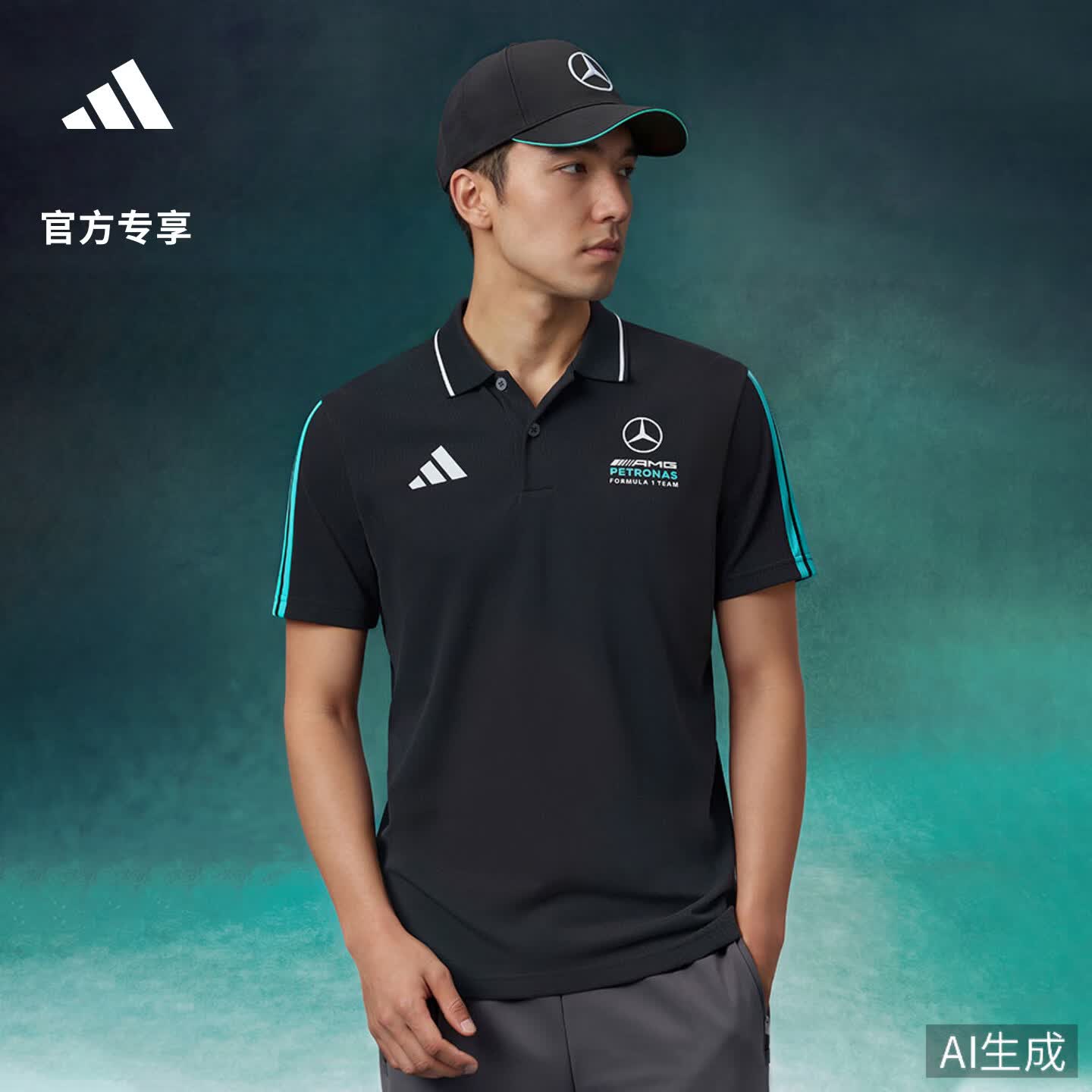 adidas梅赛德斯AMG马石油F1车队短袖POLO衫男装夏季新款阿迪达斯   黑色/半薄荷绿   M