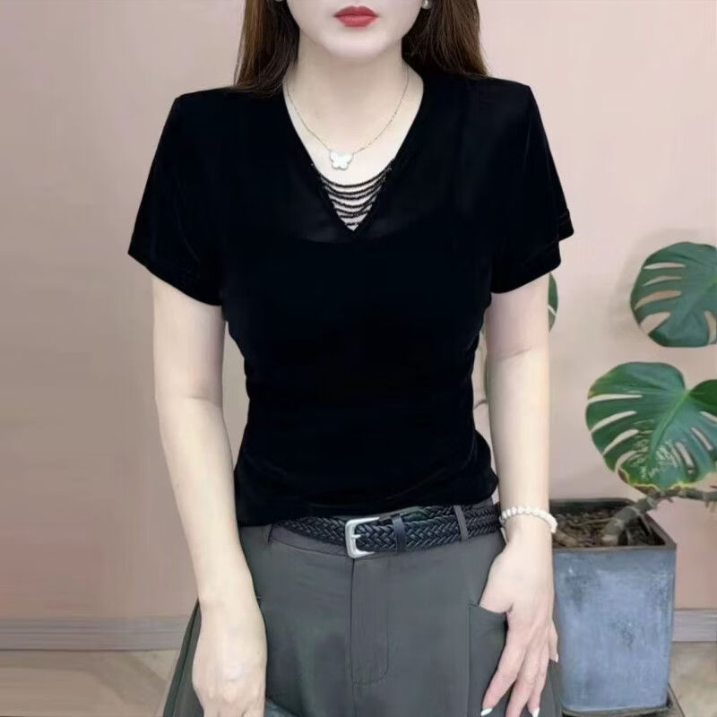 黑色V领短袖T恤女2026夏季新款百搭减龄设计感洋气薄款丝绒上衣女 黑色 XL 110-120斤