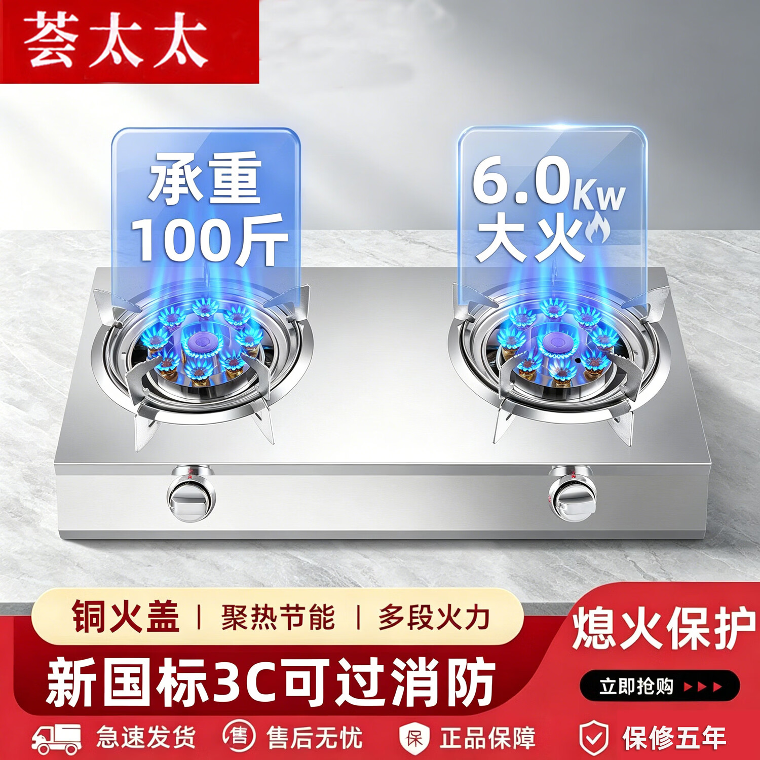 荟太太燃气灶双灶台式灶家用煤气灶出租房高效节能猛火天然气铜火盖双灶 6kw猛火【铜芯九头稳焰】*只有灶 液化气-熄火保护