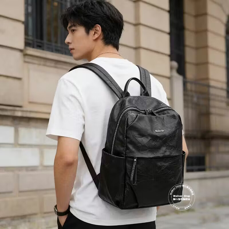 Walker Shop【品牌精选】男士双肩包男大容量书包头层牛皮商务电脑包背包男 黑色【礼盒装/京仓发货/次日达】 45cm*30cm*16cm
