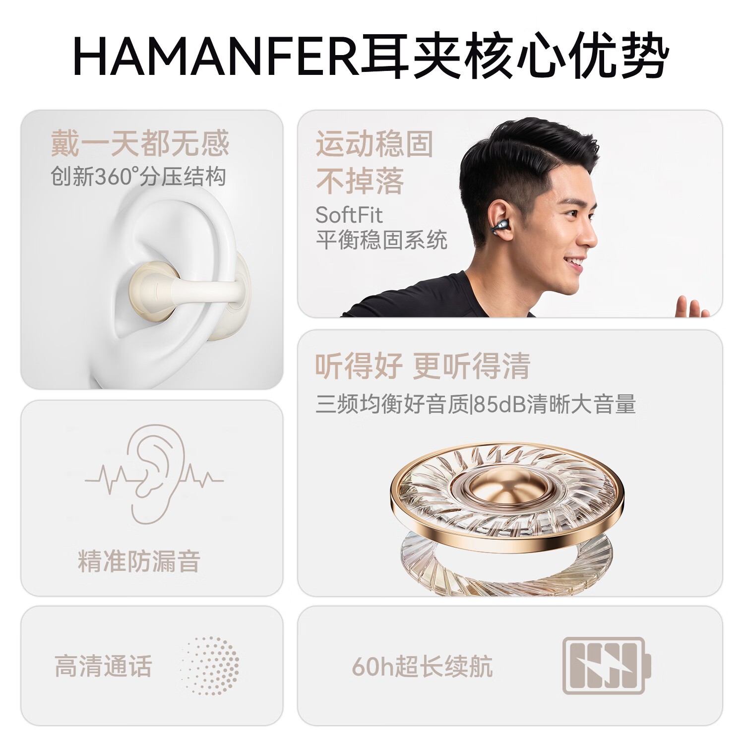 HAMANFER【舒适稳固佩戴/长续航】耳夹式蓝牙耳机开放式长续航开放式真无线电竞游戏运动跑步适用苹果华为 黛色如墨