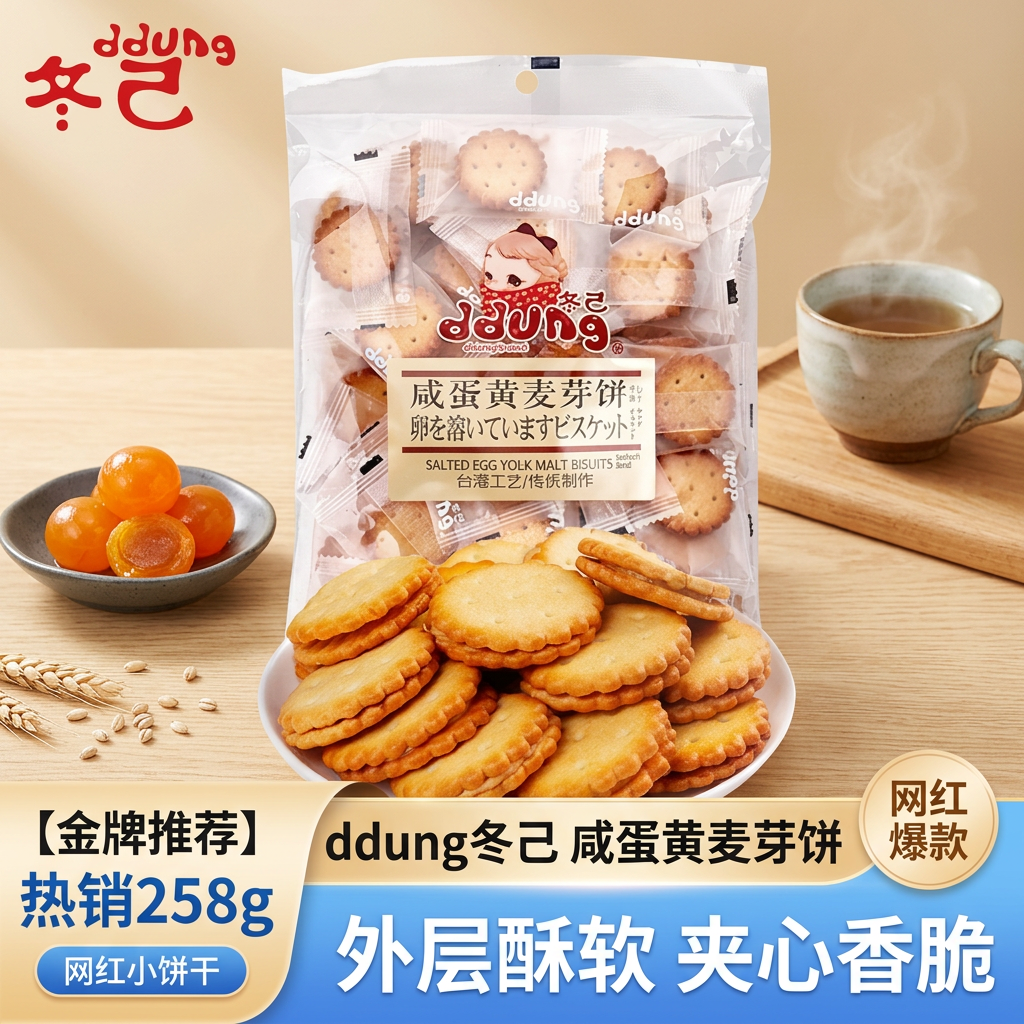 冬己咸蛋黄味饼干休闲零食办公室下午茶点心麦芽糖夹心早餐饼干258g