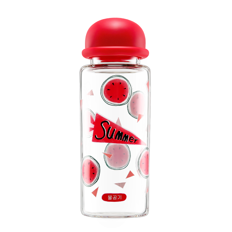 杯具熊（BEDDYBEAR） 漁夫帽玻璃杯女學(xué)生便攜水杯韓國(guó)帶蓋透明卡通印花杯子隨手杯 紅色西瓜 430ml