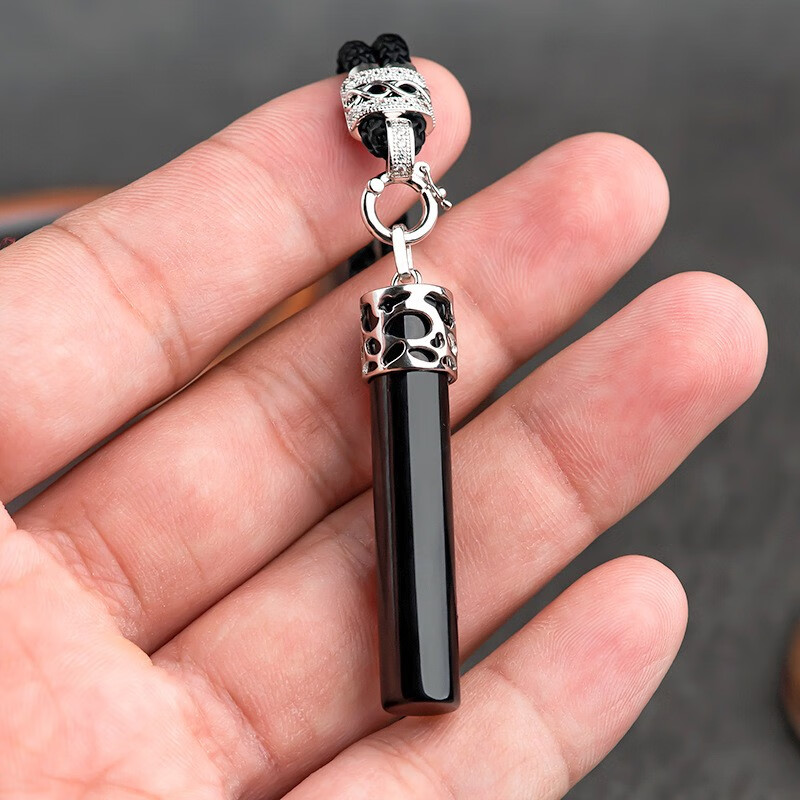 拾禾s925银镶嵌天然墨翠a货墨翠玉柱玉石吊坠时尚简约男士款女款玉坠