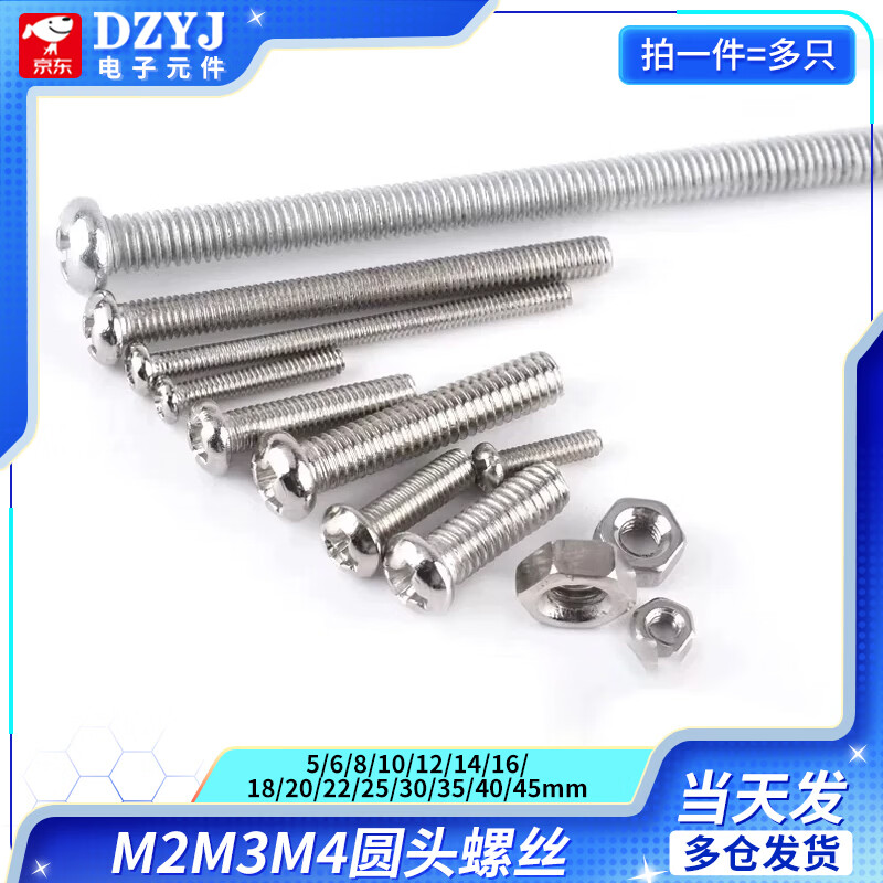 DZYJ 圆头螺丝M2 M3 M4*14/16/18/20/22/25/30/35/40/45mm60 螺母螺丝 M2螺母（100只） 无规格