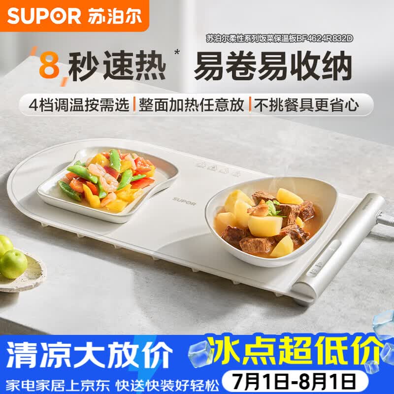 苏泊尔（SUPOR）折叠暖菜板饭菜保温板热菜板 加热菜板 柔性解冻温奶保温BF4624R832D（方形）