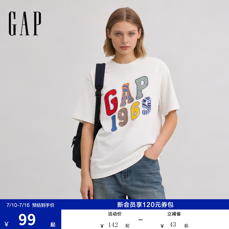 盖璞Gap男女装2026春季新款纯棉logo印花宽松圆领短袖T恤上衣 白色 868289 S (165/88A)亚洲尺码