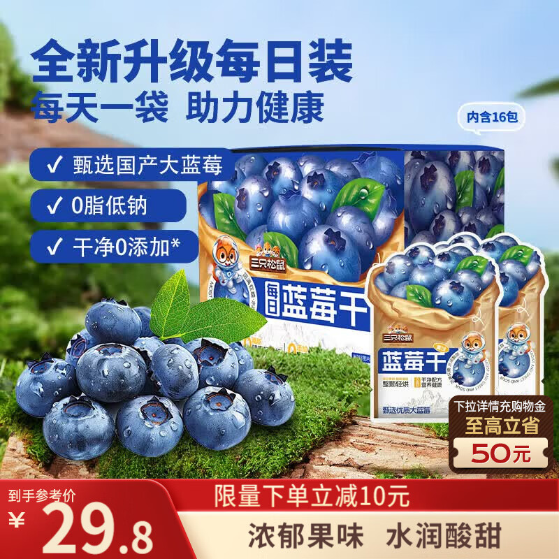 三只松鼠果干大促：重庆蓝莓干8.9元/袋，潍坊芒果干2.9元/袋