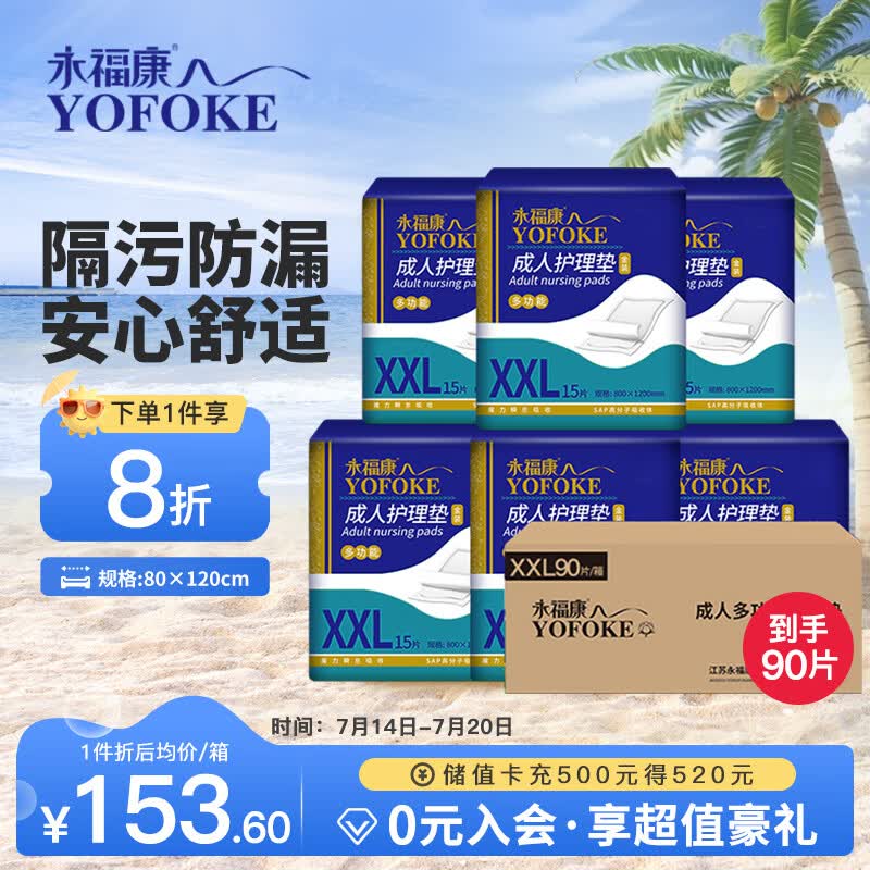 永福康成人护理垫XXL90片 尺寸80*120cm婴儿孕产妇床垫老人一次性隔尿垫