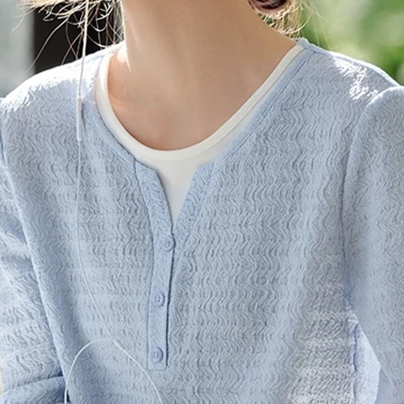 子牧棉麻2026秋装 女假两件拼接肌理感长袖T恤知性优雅显瘦打底上衣7598 蓝色 M (建议95-115斤)