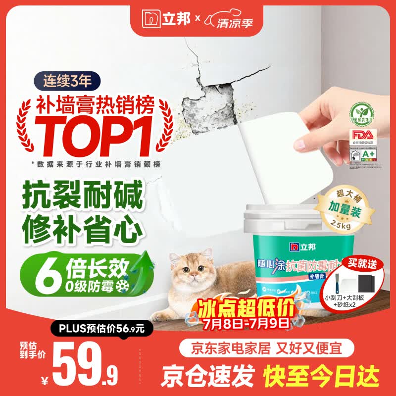 立邦补墙膏墙面修复防霉抗菌墙面修补膏堵洞腻子膏白色2.5kg