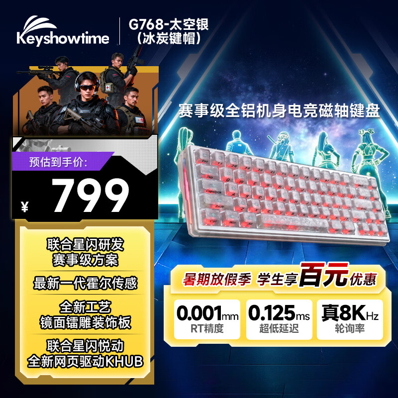 KEYSHOWTIME索坦G768-银色（冰炭纹键帽）电竞磁轴键盘游戏键盘FPS无畏契约打瓦三角洲有线全铝客制化机械键盘 超低延迟8K传输