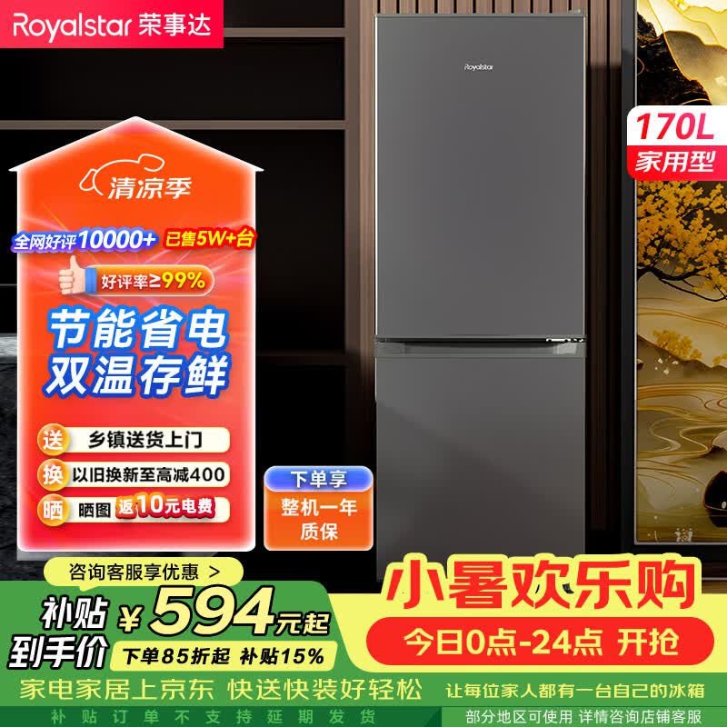 荣事达（Royalstar）【价保618】170升小冰箱小型家用出租房办公室宿舍双开门两门电冰箱节能省电低音钛深灰R170