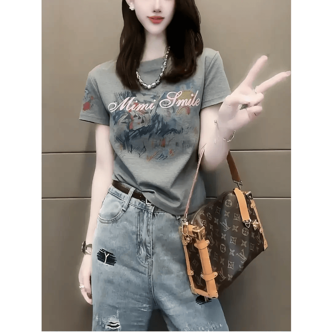 灰色短袖T恤女夏季新款小众设计感显瘦印花百搭正肩短袖上衣 浅灰色 M 建议90-105斤