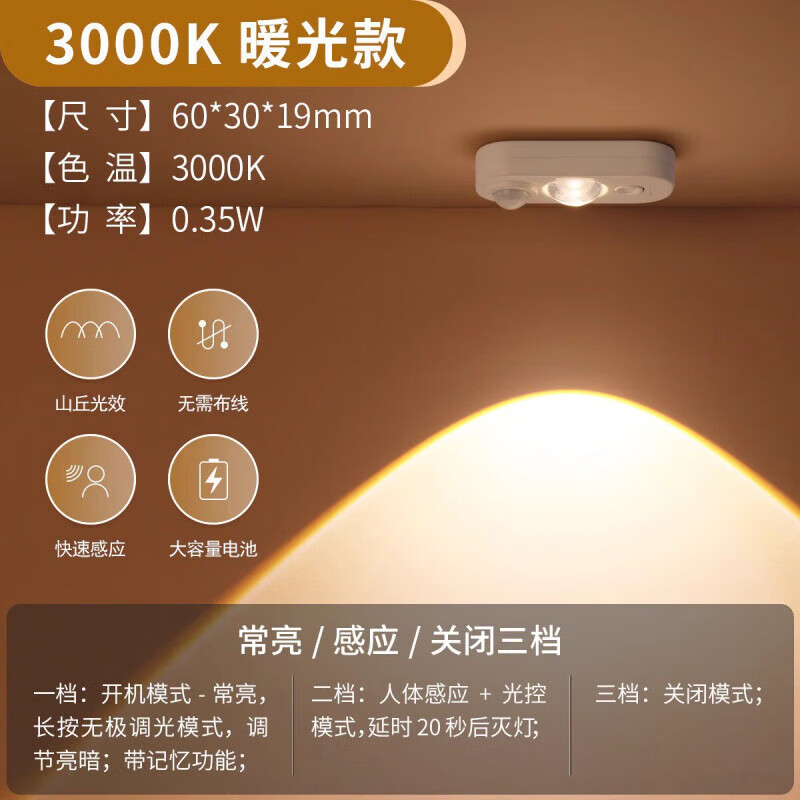 雷士照明智能人体感应灯小夜灯家用床头充电起夜入户过道人来即亮 随意贴-暖光款充电感应灯山丘光效人体感应磁吸免布线