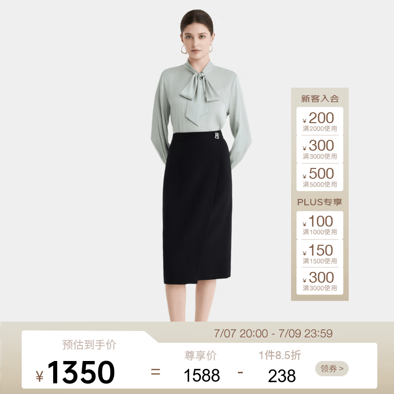 PORTS宝姿女装早秋新款简约百搭时尚扣饰叠片开衩造型半身裙 黑色-1 S 4