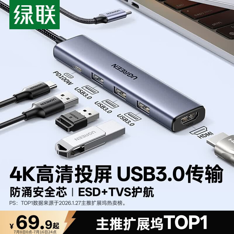 绿联Type-C拓展坞转HDMI扩展坞转接头USB多接口转换器通用雷电苹果MacBook mini华为电脑笔记本平板
