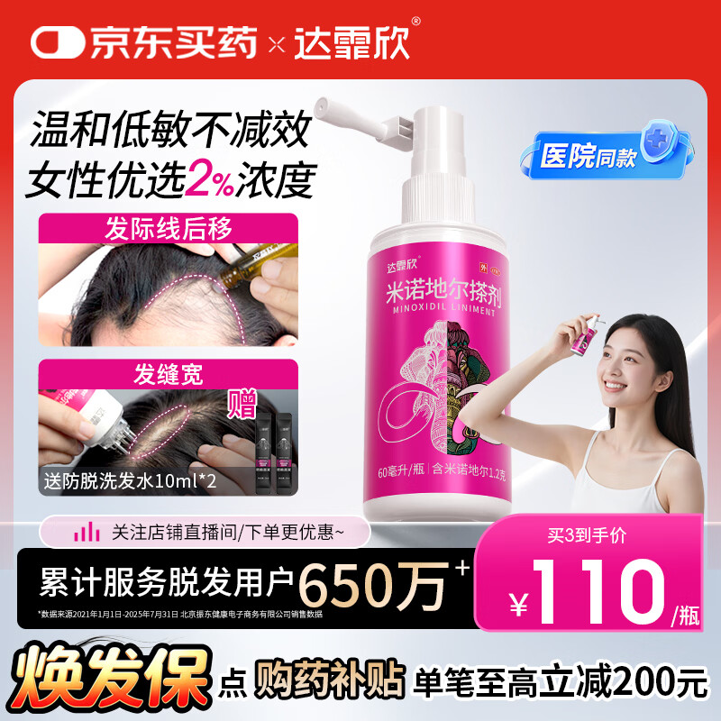 【医院同款】达霏欣2%米诺地尔酊搽剂60ml瓶生发液女士宽发缝防脱生发发际线脱发斑秃达菲欣米洛地尔自营