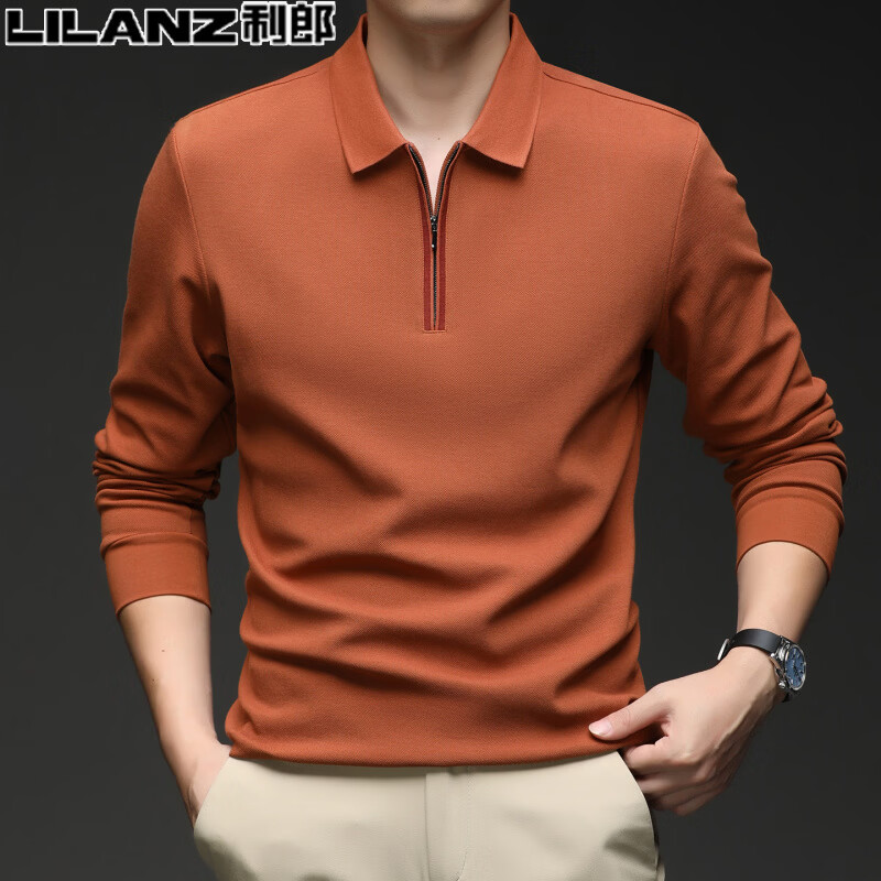 利郎(LILANZ)男装长袖T恤2026春秋新款中青年半拉炼丝光棉纯色翻领polo衫 藏青色 4XL 195