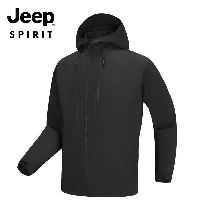 JEEP SPIRIT吉普冲锋衣外套男2026春秋新款连帽时尚潮防水防风保暖外衣夹克衫 黑色 S