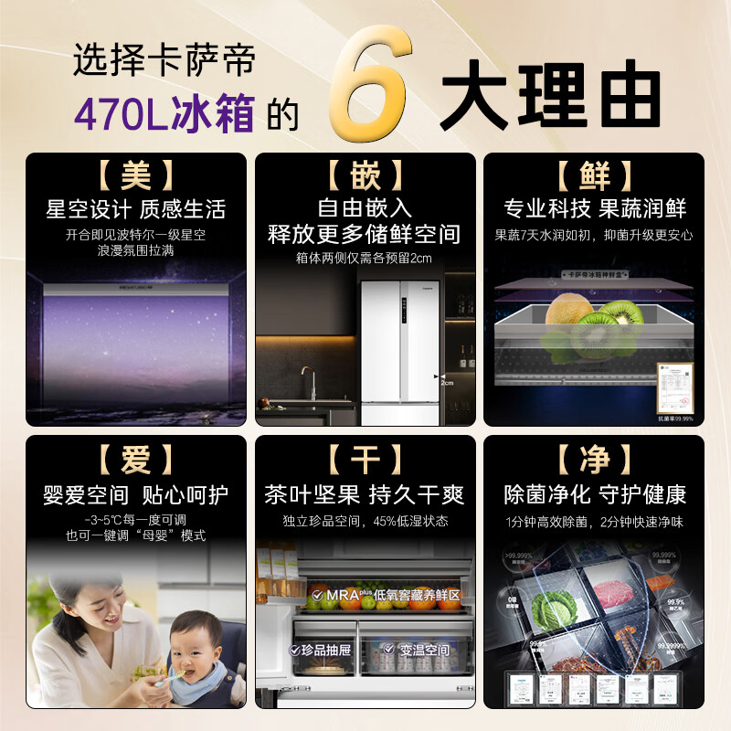 卡萨帝(Casarte)星空470升【星悦】超薄嵌入式法式双系统家用【国家补贴20%】冰箱BCD-470WLCFDM9WKU1