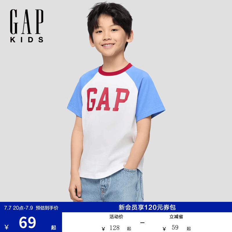 盖璞Gap【大小童同款】男女童2026春季新款纯棉logo印花插肩袖短袖T恤 蓝色 867597/ 893459 110 cm(4-5岁) 亚洲尺码