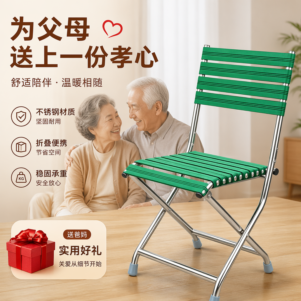 不锈钢折叠椅户外便携钓鱼凳子靠背椅折叠凳折叠椅听戏马扎防滑椅 绿色 大号款椅子*2把+户外折叠小方桌