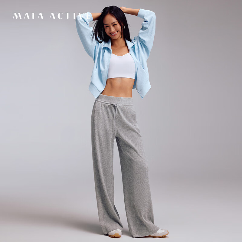 MAIA ACTIVE华夫格肌理针织系带直筒裤日常休闲运动长裤瑜伽裤子 63PN14 月雾麻灰 L
