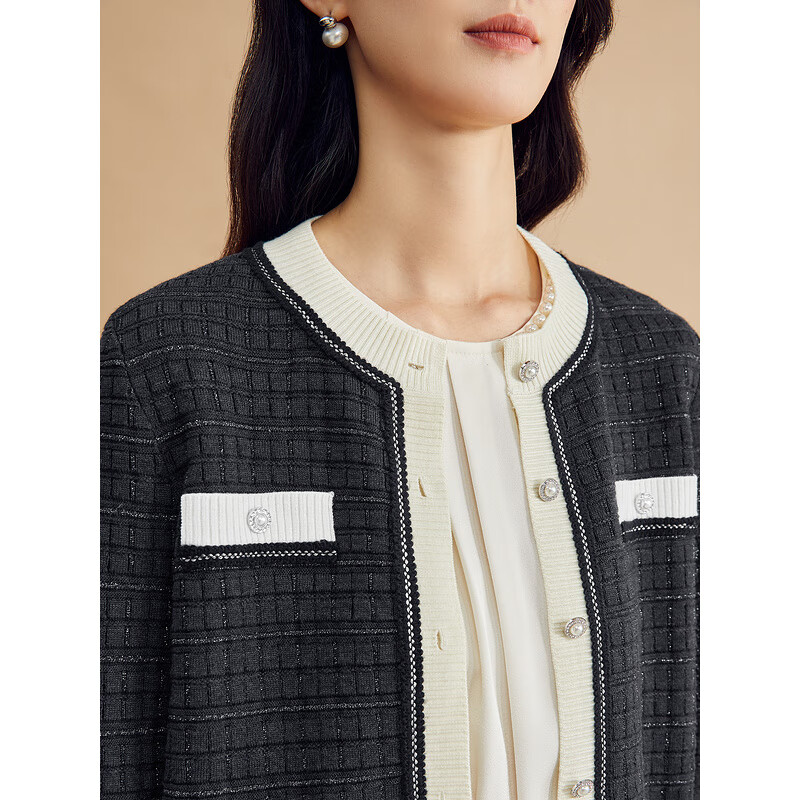 YINER音儿专选秋季女装羊毛混纺优雅撞色亮丝小香风针织开衫 烟灰 XL 42