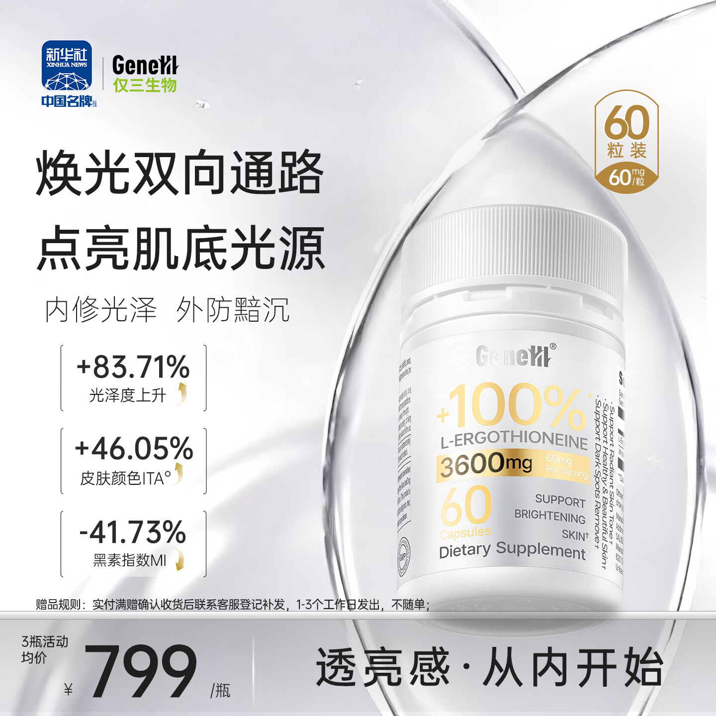 GENEIII仅三麦角硫因焕亮胶囊99.99%纯度60mg/粒+白番茄熬夜暗沉由内透亮 【全身亮白】仅三焕亮胶囊 60粒*2瓶 京东折扣/优惠券