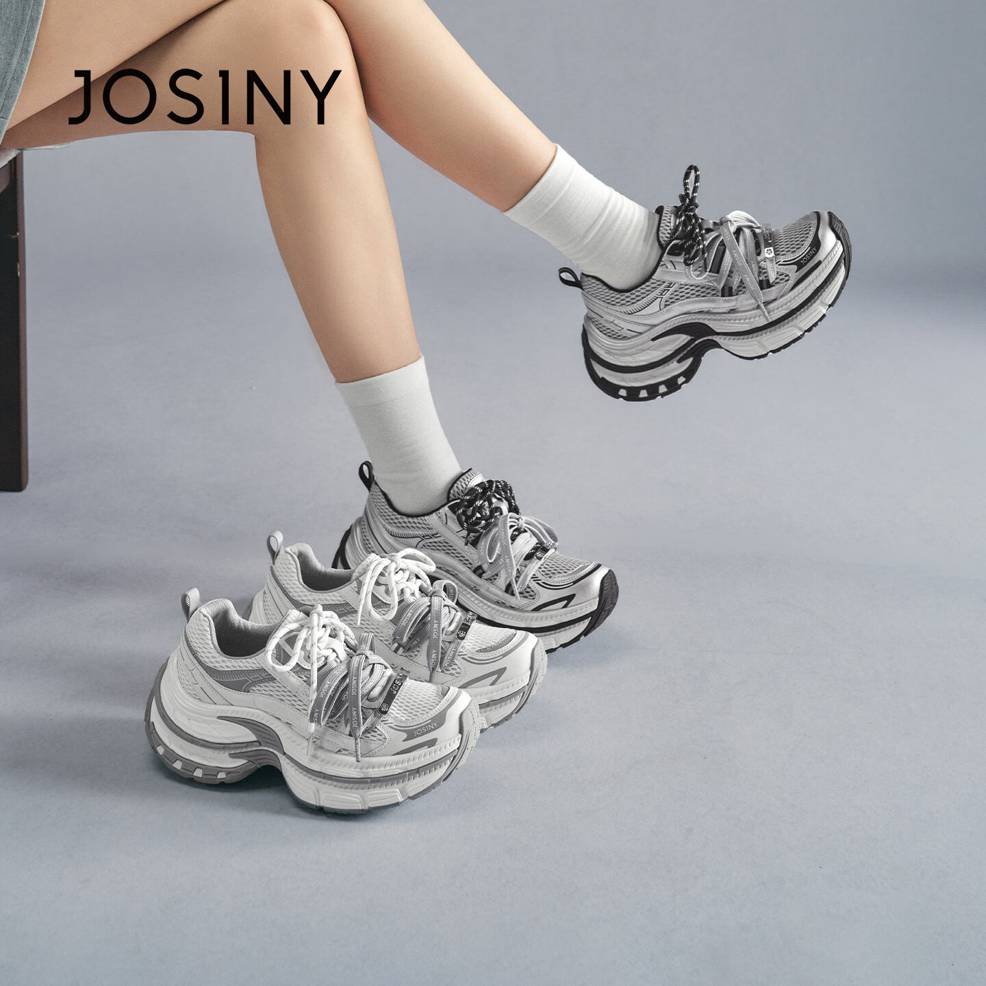 卓诗尼（Josiny）卓诗尼运动鞋2026秋季老爹鞋透气厚底休闲增高鞋时尚百搭系带厚底 米灰色 38