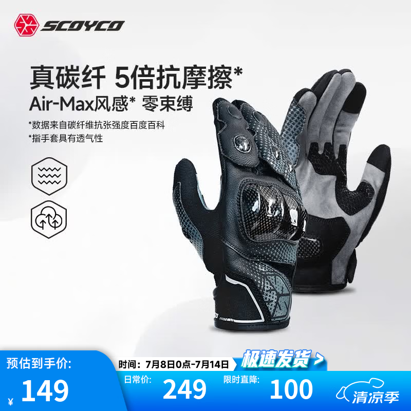 赛羽（SCOYCO）碳纤维摩托车夏季透气散热款仿赛通勤骑行手套机车专用男女 MC230-黑灰 夏季散热款【碳纤抗摔耐磨】 L