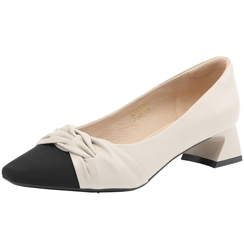 星期六（St&Sat）女鞋小香風(fēng)拼色粗跟淺口通勤中跟單鞋 米白色 35